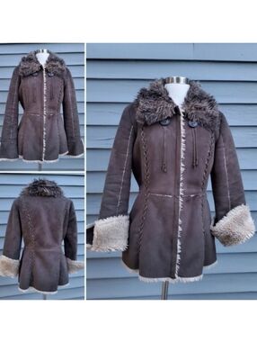Vintage 90s y2k Esprit Brown Vegan Suede Faux Fur Collar Monster Penny Lane Coat